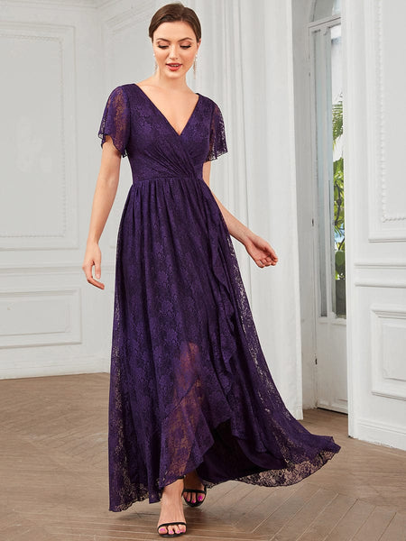 Women's Burgundy Lace A-Line Evening Gown with Flutter Sleeves