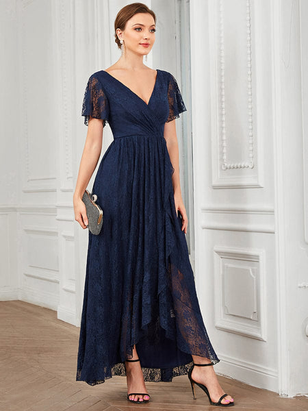 Women's Burgundy Lace A-Line Evening Gown with Flutter Sleeves