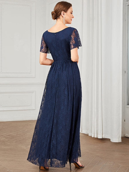 Women's Burgundy Lace A-Line Evening Gown with Flutter Sleeves