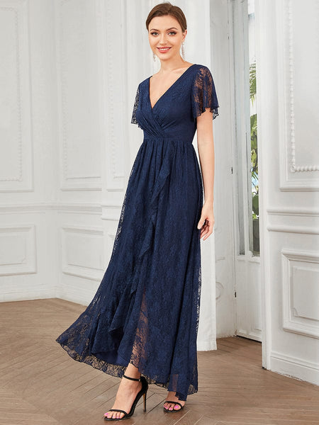 Women's Burgundy Lace A-Line Evening Gown with Flutter Sleeves