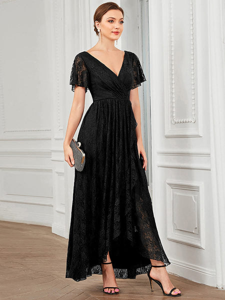 Women's Burgundy Lace A-Line Evening Gown with Flutter Sleeves