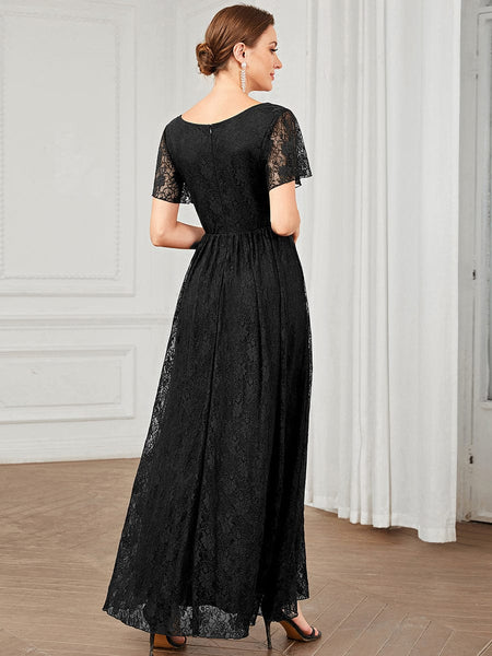 Women's Burgundy Lace A-Line Evening Gown with Flutter Sleeves