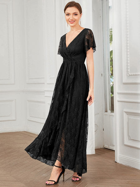 Women's Burgundy Lace A-Line Evening Gown with Flutter Sleeves
