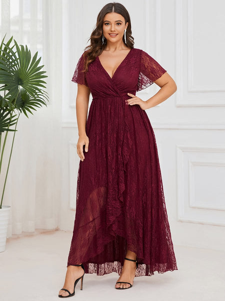 Women's Burgundy Lace A-Line Evening Gown with Flutter Sleeves