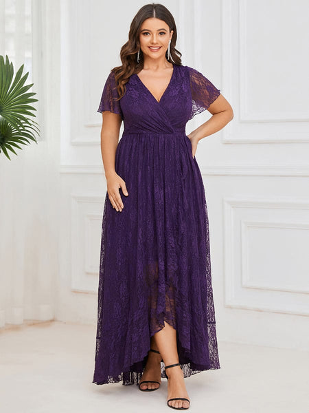 Women's Burgundy Lace A-Line Evening Gown with Flutter Sleeves