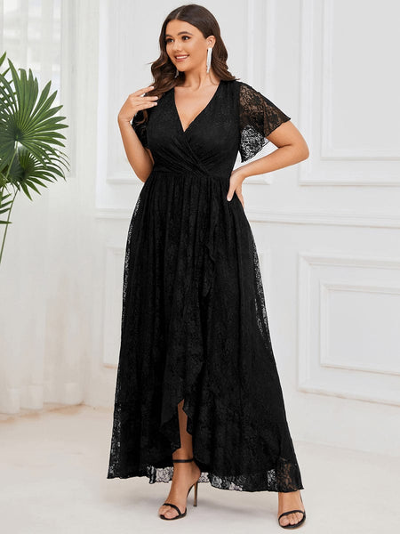 Women's Burgundy Lace A-Line Evening Gown with Flutter Sleeves