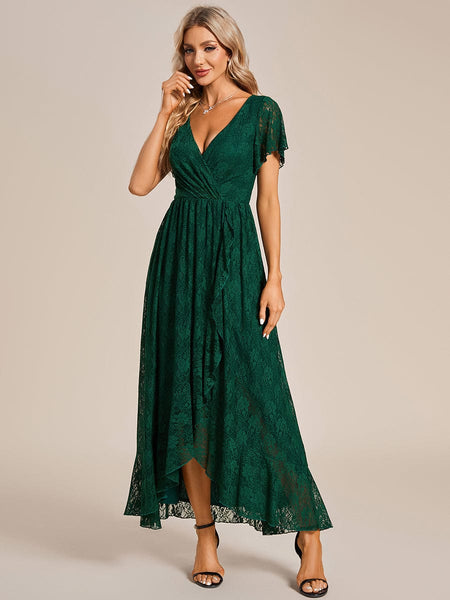 Women's Burgundy Lace A-Line Evening Gown with Flutter Sleeves