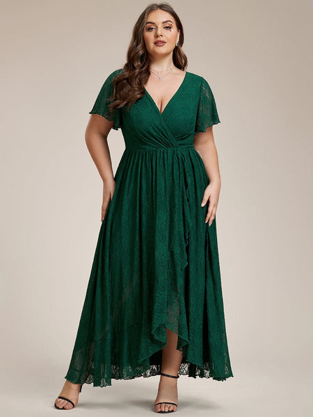 Women's Burgundy Lace A-Line Evening Gown with Flutter Sleeves
