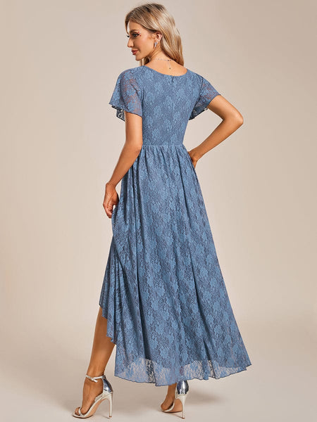 Women's Burgundy Lace A-Line Evening Gown with Flutter Sleeves