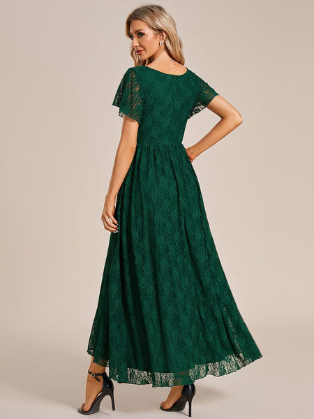 Women's Burgundy Lace A-Line Evening Gown with Flutter Sleeves