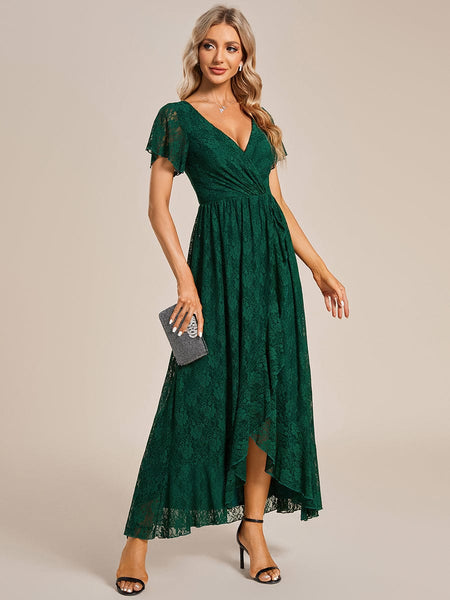 Women's Burgundy Lace A-Line Evening Gown with Flutter Sleeves
