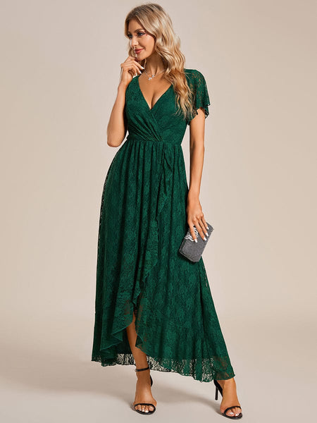 Women's Burgundy Lace A-Line Evening Gown with Flutter Sleeves
