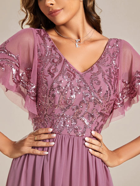 Elegant A-Line V Neck Mother of the Bride Dress with Short Ruffles Sleeves