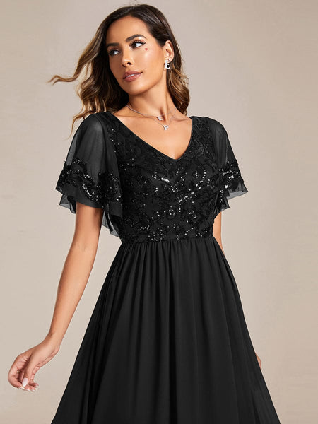 Elegant A-Line V Neck Mother of the Bride Dress with Short Ruffles Sleeves