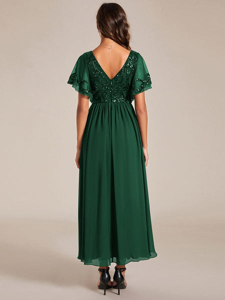 Elegant A-Line V Neck Mother of the Bride Dress with Short Ruffles Sleeves