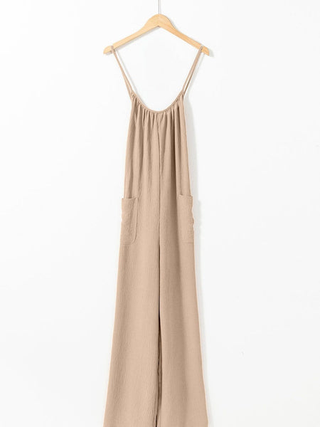 Elegant Apricot Wide Leg Jumpsuit with Spaghetti Straps and Waist Tie