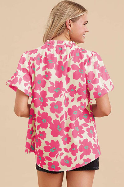 Elegant Beige Floral Ruffle Neckline Blouse
