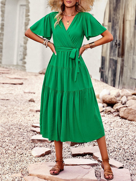 Women's Elegant Belted Tea Length Dress with Short Sleeves