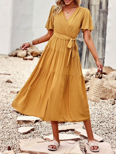 Women's Elegant Belted Tea Length Dress with Short Sleeves