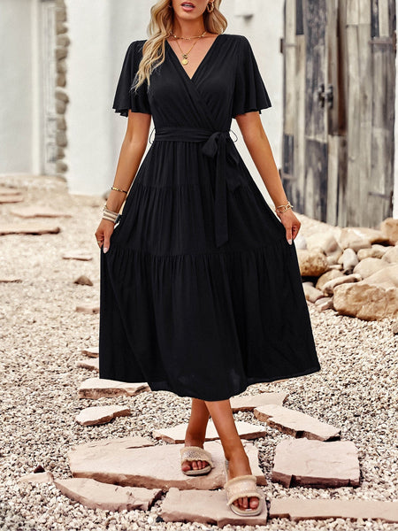 Women's Elegant Belted Tea Length Dress with Short Sleeves