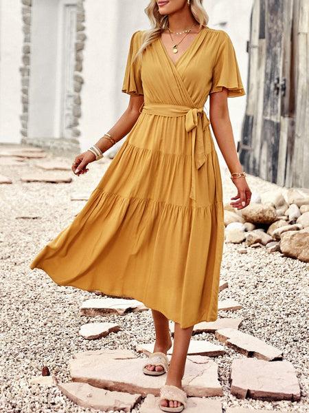 Women's Elegant Belted Tea Length Dress with Short Sleeves