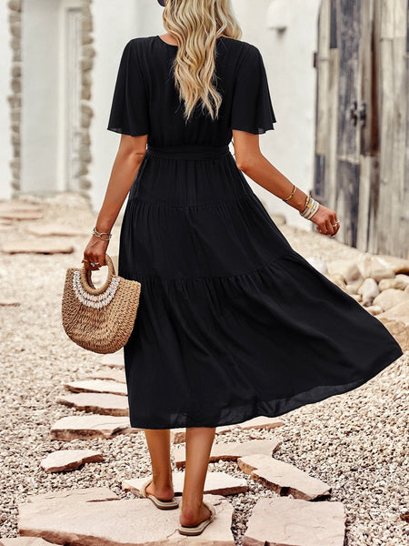 Women's Elegant Belted Tea Length Dress with Short Sleeves