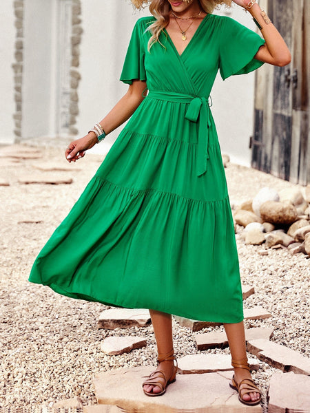 Women's Elegant Belted Tea Length Dress with Short Sleeves