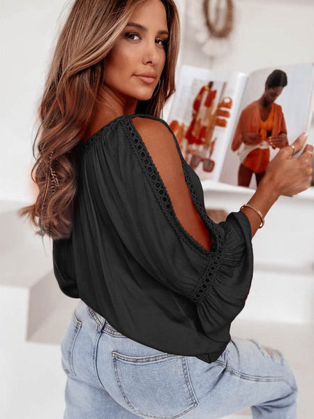 Elegant Black Lace Crochet Ruffle Sleeve Sheath Blouse