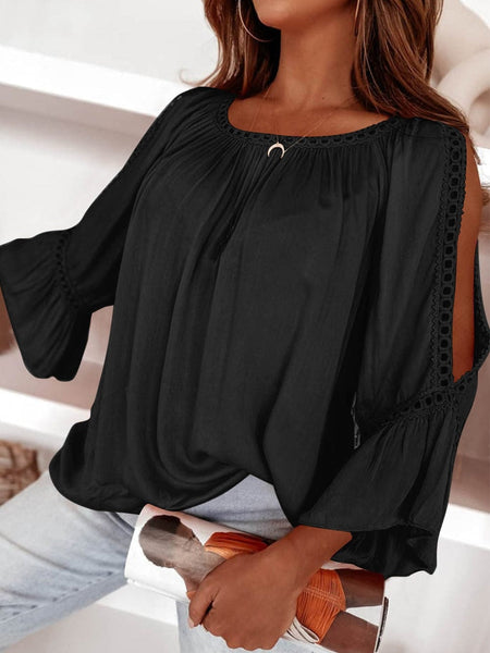Elegant Black Lace Crochet Ruffle Sleeve Sheath Blouse