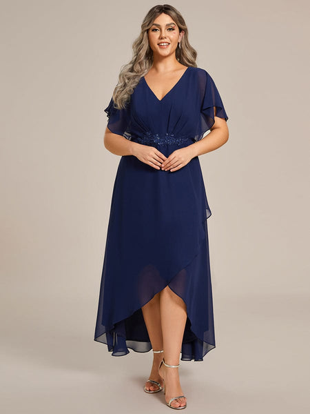 Elegant Chiffon Formal Dress with Lotus Leaf Hem and Short Sleeves