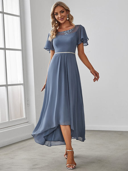 Elegant Chiffon Mother of the Bride Dress with Ruffle Sleeves and Asymmetrical Hem