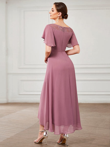 Elegant Chiffon Mother of the Bride Dress with Ruffle Sleeves and Asymmetrical Hem