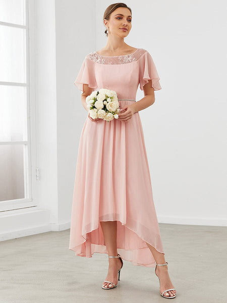 Elegant Chiffon Mother of the Bride Dress with Ruffle Sleeves and Asymmetrical Hem