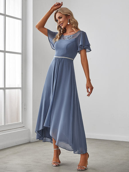 Elegant Chiffon Mother of the Bride Dress with Ruffle Sleeves and Asymmetrical Hem