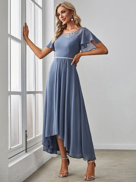 Elegant Chiffon Mother of the Bride Dress with Ruffle Sleeves and Asymmetrical Hem