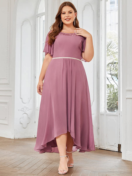 Elegant Chiffon Mother of the Bride Dress with Ruffle Sleeves and Asymmetrical Hem