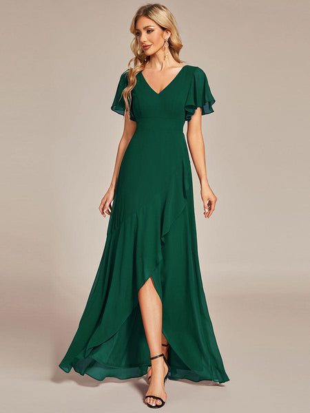 Women's Elegant Chiffon V-Neck Bridesmaid Gown with Ruffle Sleeves