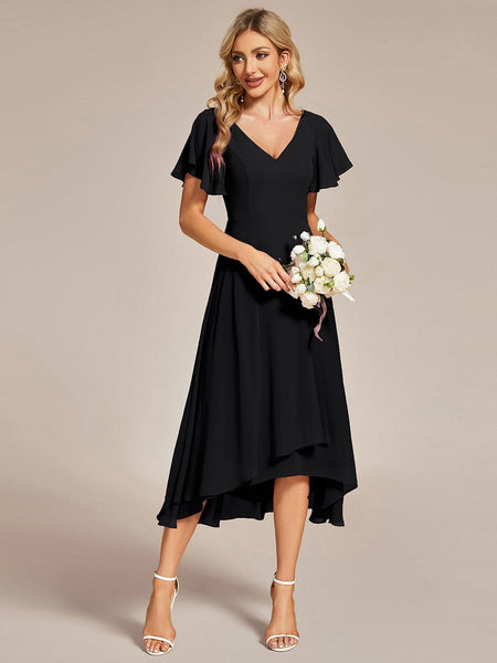 Women's Elegant Chiffon V-Neck Bridesmaid Gown with Ruffle Sleeves