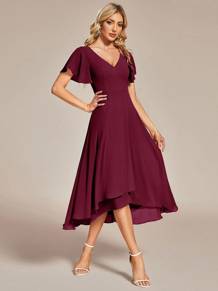 Women's Elegant Chiffon V-Neck Bridesmaid Gown with Ruffle Sleeves