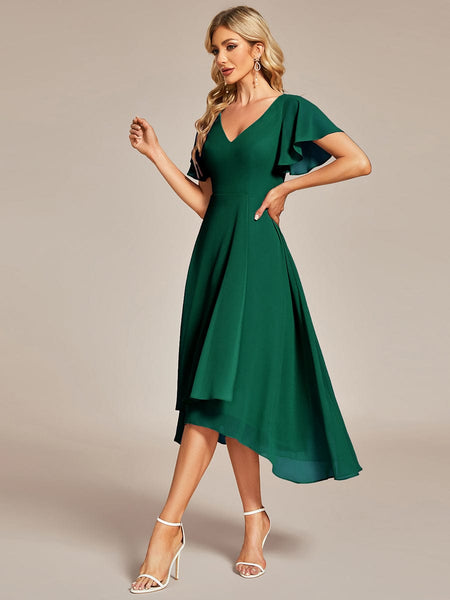 Women's Elegant Chiffon V-Neck Bridesmaid Gown with Ruffle Sleeves