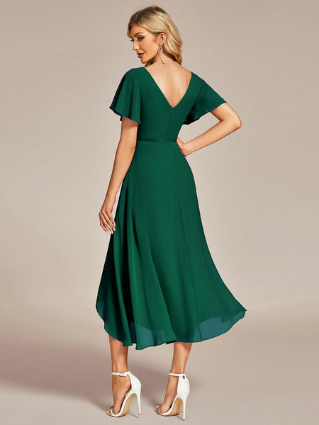 Women's Elegant Chiffon V-Neck Bridesmaid Gown with Ruffle Sleeves