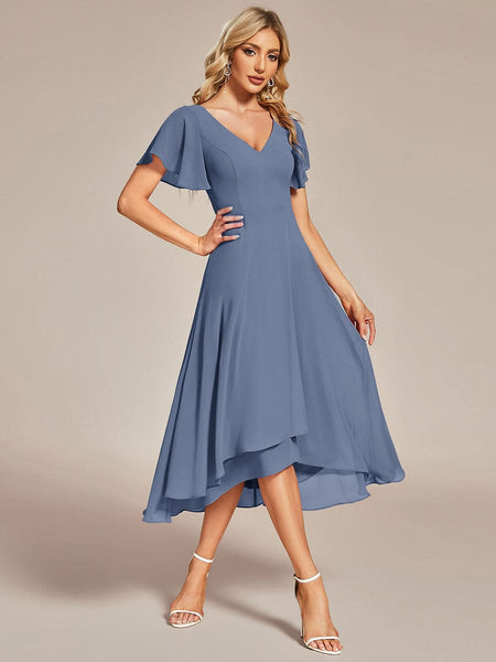 Women's Elegant Chiffon V-Neck Bridesmaid Gown with Ruffle Sleeves