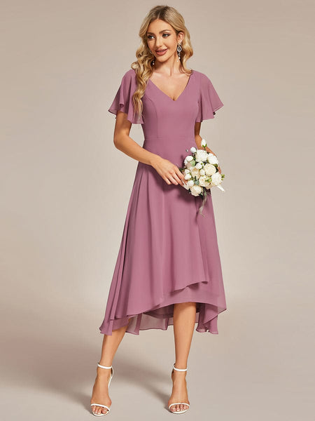 Women's Elegant Chiffon V-Neck Bridesmaid Gown with Ruffle Sleeves