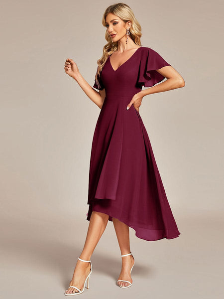 Women's Elegant Chiffon V-Neck Bridesmaid Gown with Ruffle Sleeves