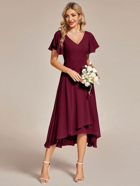 Women's Elegant Chiffon V-Neck Bridesmaid Gown with Ruffle Sleeves