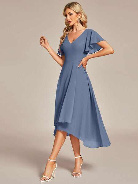 Women's Elegant Chiffon V-Neck Bridesmaid Gown with Ruffle Sleeves