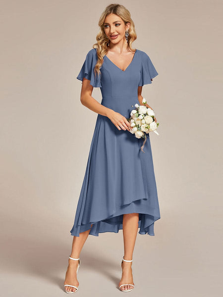 Women's Elegant Chiffon V-Neck Bridesmaid Gown with Ruffle Sleeves