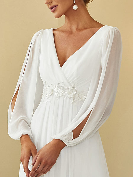 Women's Embellished V-Neck Chiffon Gown with Split Sleeves