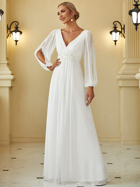 Women's Embellished V-Neck Chiffon Gown with Split Sleeves