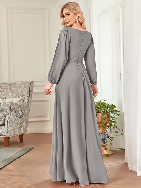 Women's Embellished V-Neck Chiffon Gown with Split Sleeves